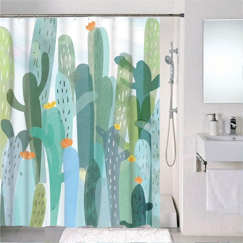 Forest Nordic Style Shower Curtain set featuring green tropical plants and cacti, made from waterproof polyester fabric with included hooks.