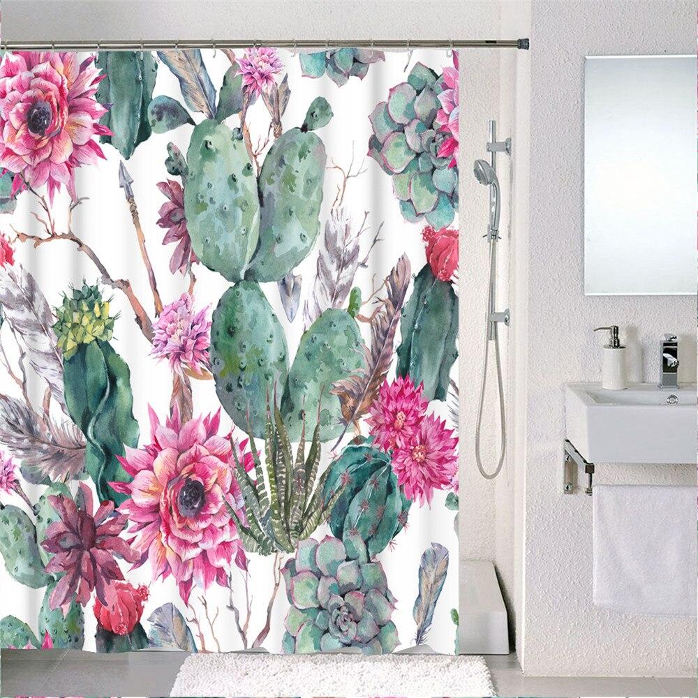 Forest Nordic Style Shower Curtain set featuring green tropical plants and cacti, made from waterproof polyester fabric with included hooks.