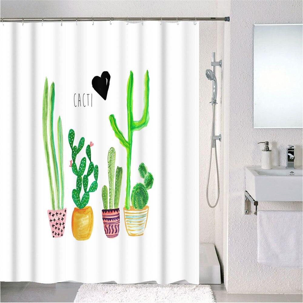 Forest Nordic Style Shower Curtain set featuring green tropical plants and cacti, made from waterproof polyester fabric with included hooks.