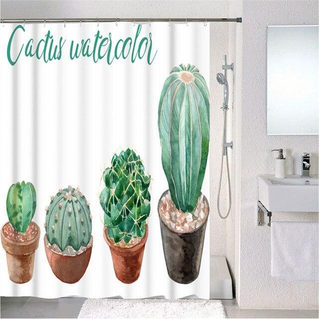 Forest Nordic Style Shower Curtain set featuring green tropical plants and cacti, made from waterproof polyester fabric with included hooks.