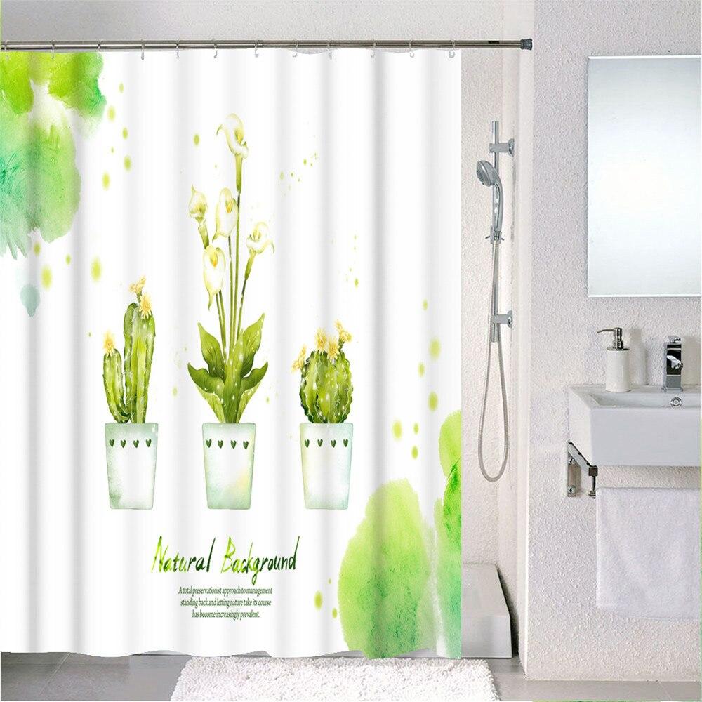 Forest Nordic Style Shower Curtain set featuring green tropical plants and cacti, made from waterproof polyester fabric with included hooks.