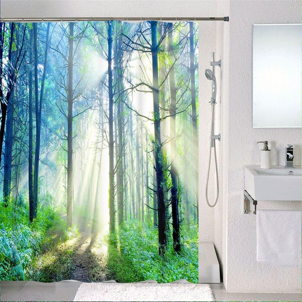 Forest Nordic Style Shower Curtain set featuring green tropical plants and cacti, made from waterproof polyester fabric with included hooks.