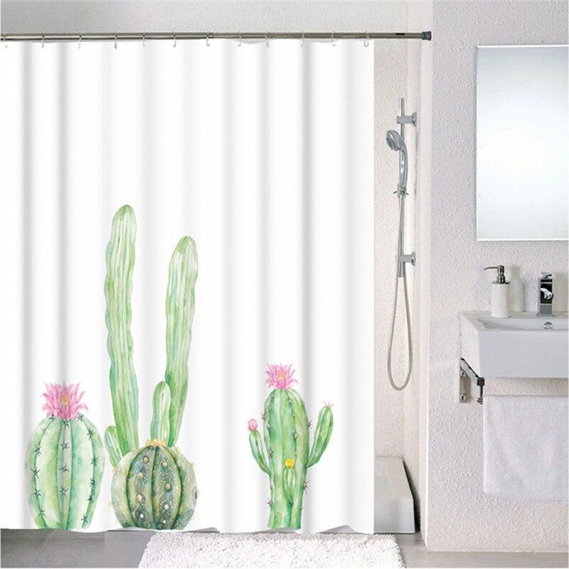 Forest Nordic Style Shower Curtain set featuring green tropical plants and cacti, made from waterproof polyester fabric with included hooks.