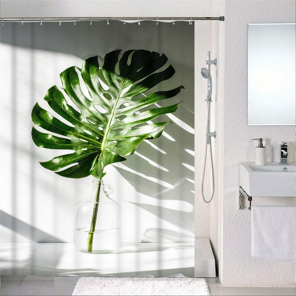 Forest Nordic Style Shower Curtain set featuring green tropical plants and cacti, made from waterproof polyester fabric with included hooks.