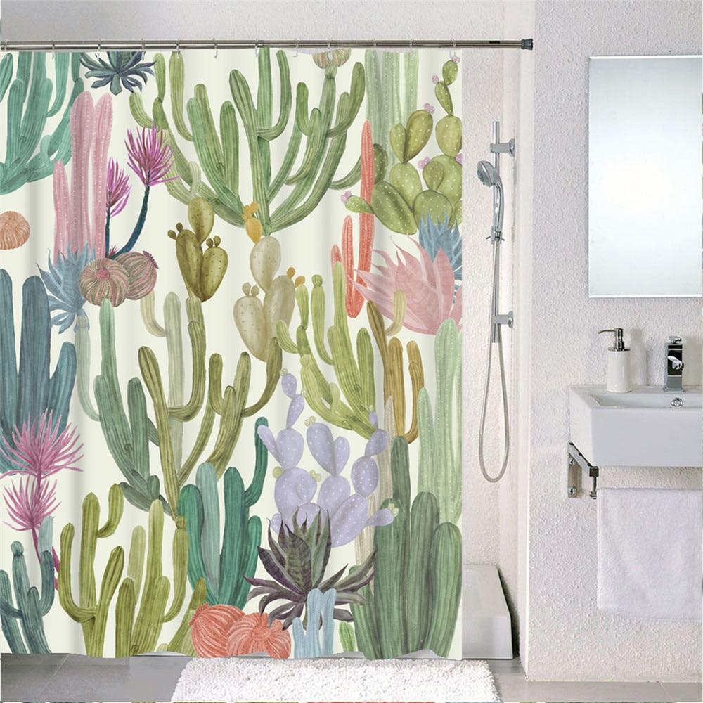 Forest Nordic Style Shower Curtain set featuring green tropical plants and cacti, made from waterproof polyester fabric with included hooks.