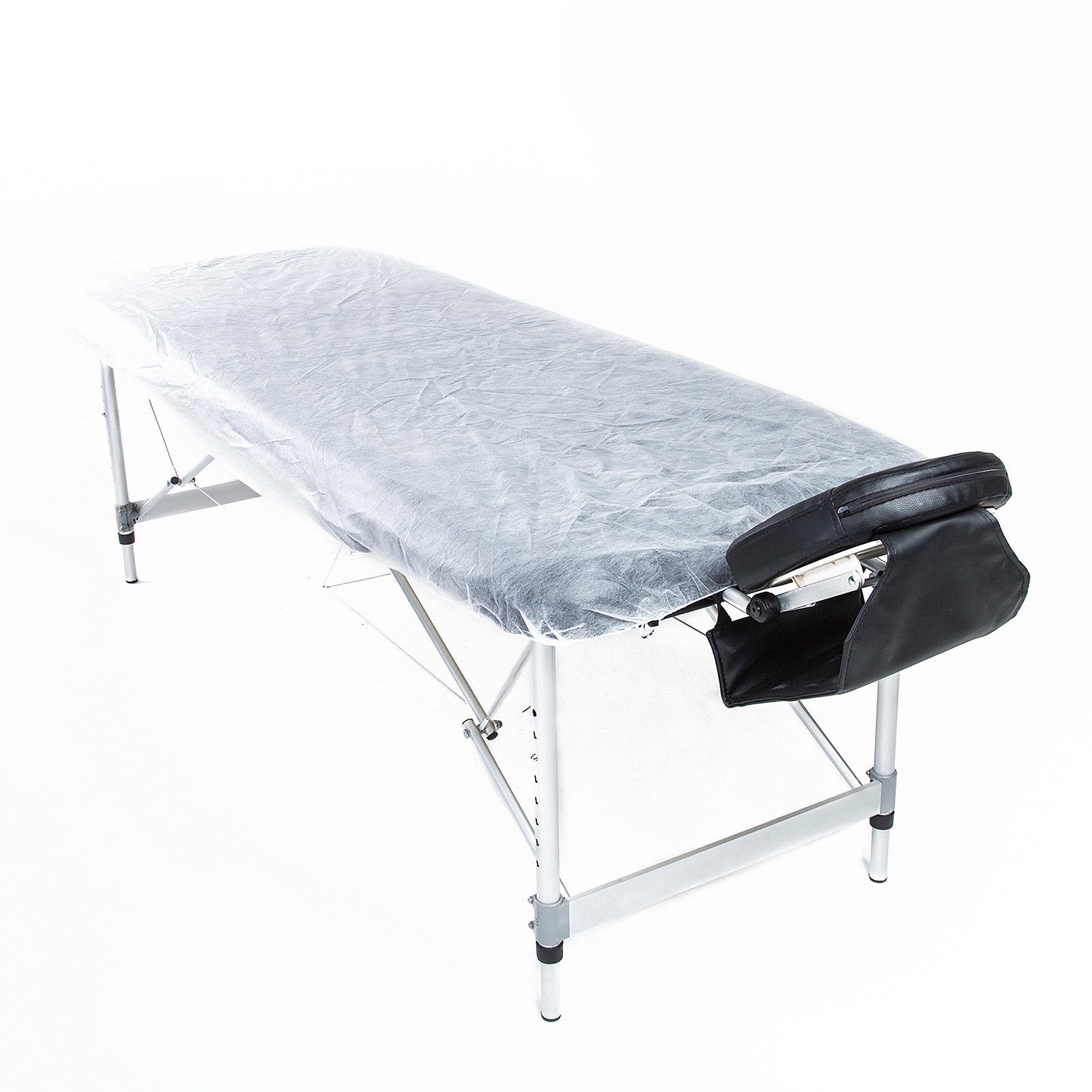 A pack of 60 disposable massage table sheet covers, white non-woven fabric, designed for hygienic use in therapy settings, measuring 180cm x 75cm.