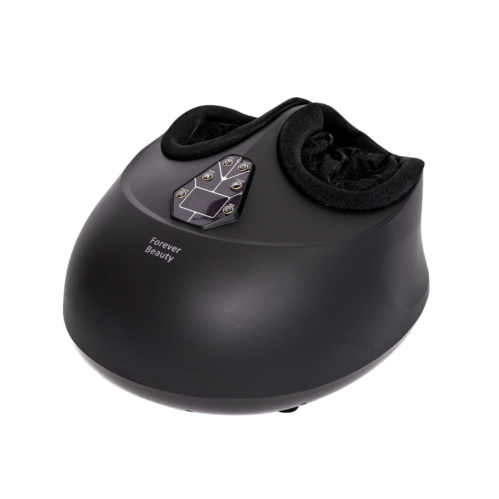 Forever Beauty Black Foot Massager with remote control, featuring air compression and shiatsu heat for ultimate relaxation.