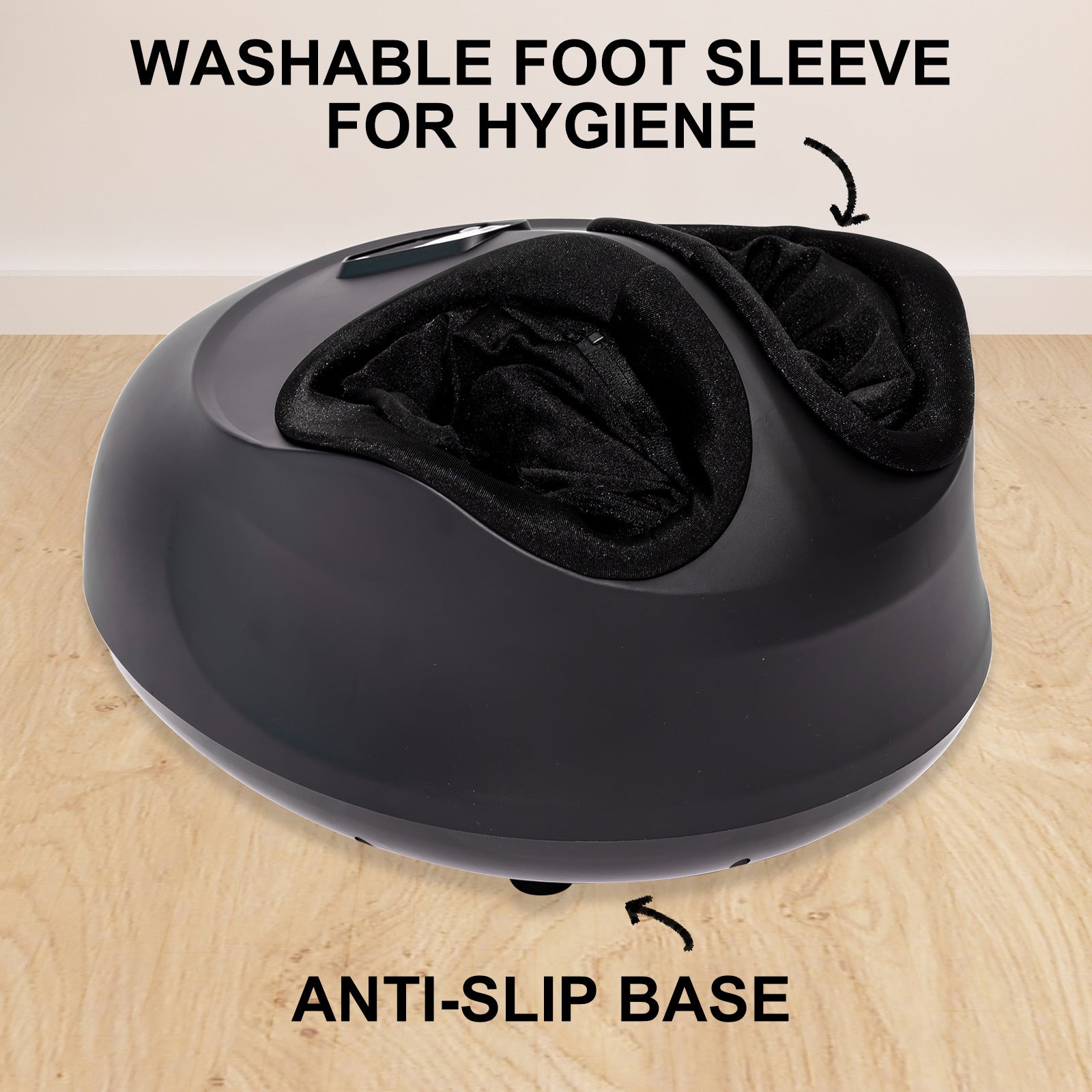 Forever Beauty Black Foot Massager with remote control, featuring air compression and shiatsu heat for ultimate relaxation.