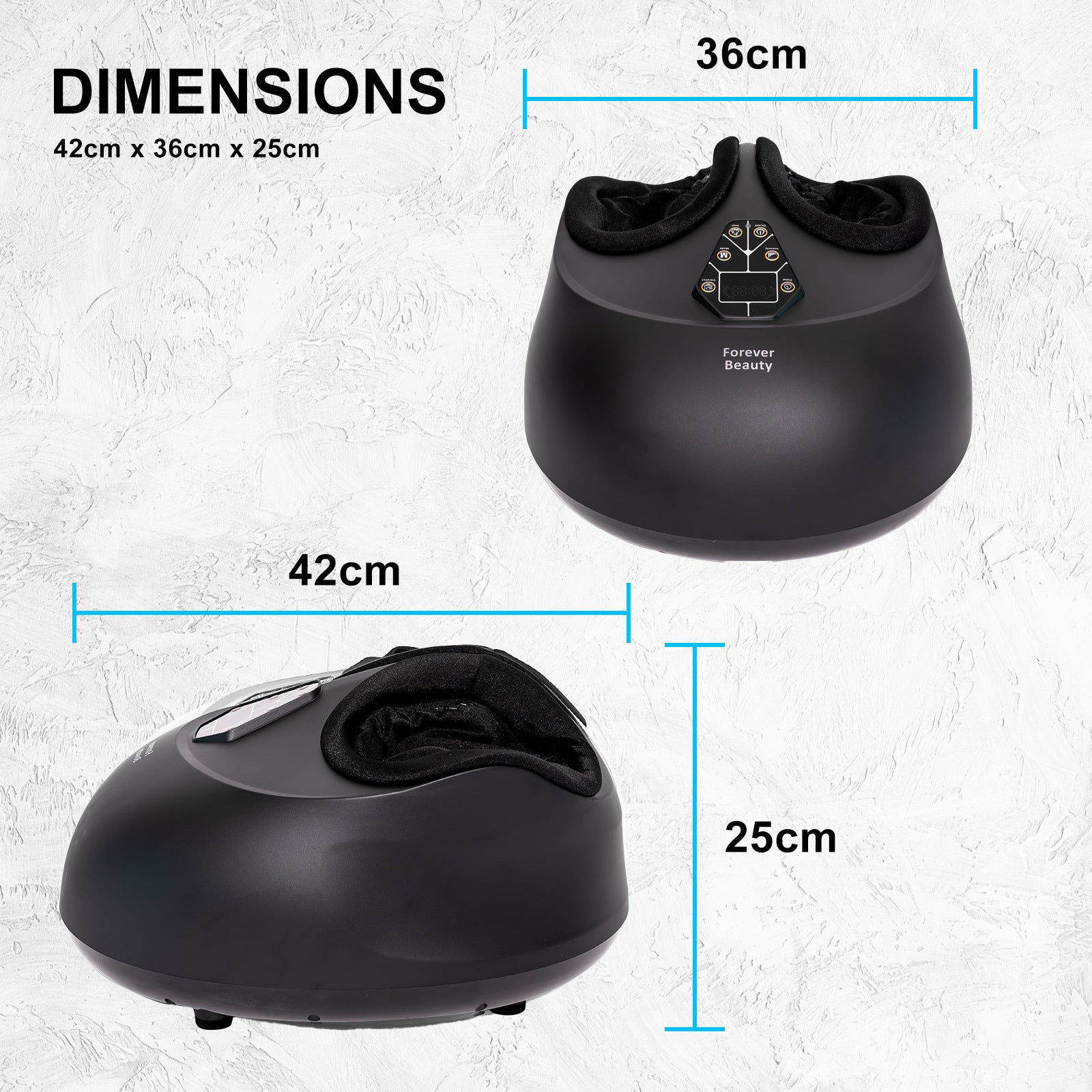 Forever Beauty Black Foot Massager with remote control, featuring air compression and shiatsu heat for ultimate relaxation.