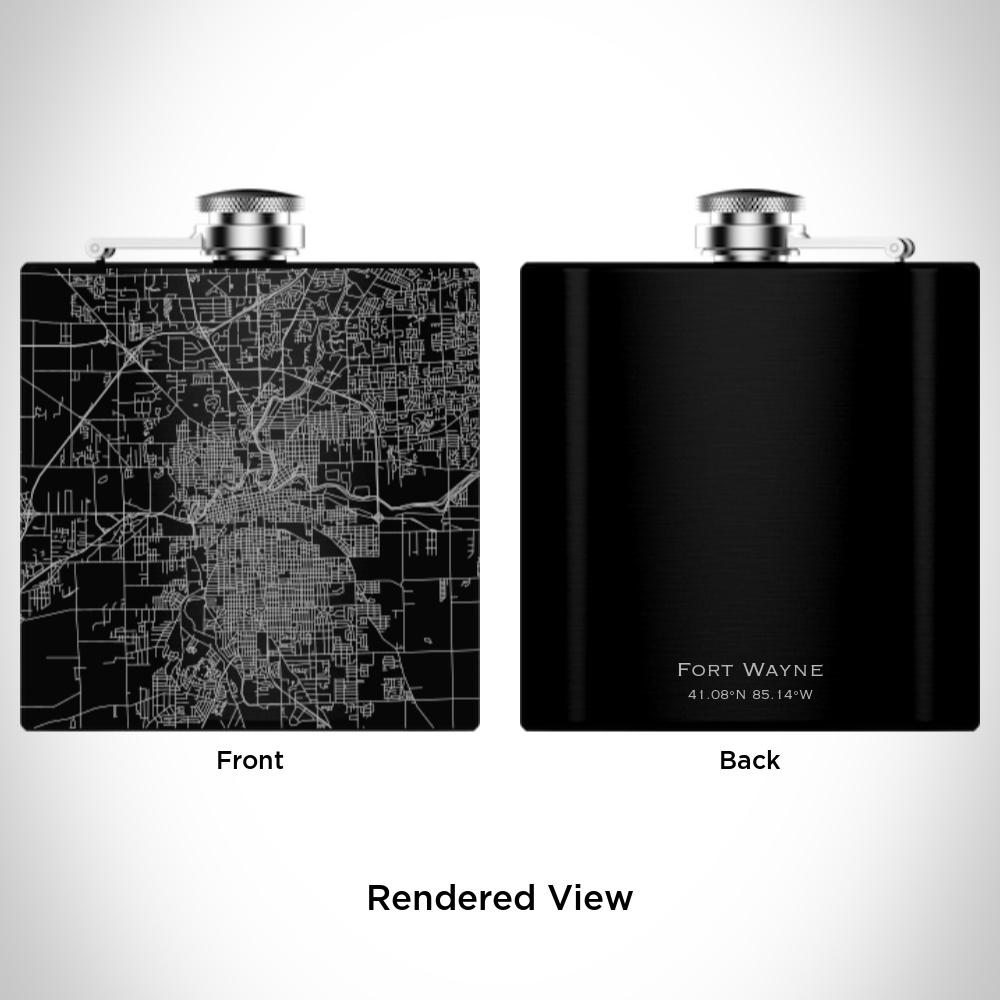 Matte black hip flask featuring a custom engraved map of Fort Wayne, Indiana with coordinates, accompanied by a canvas bag and funnel.