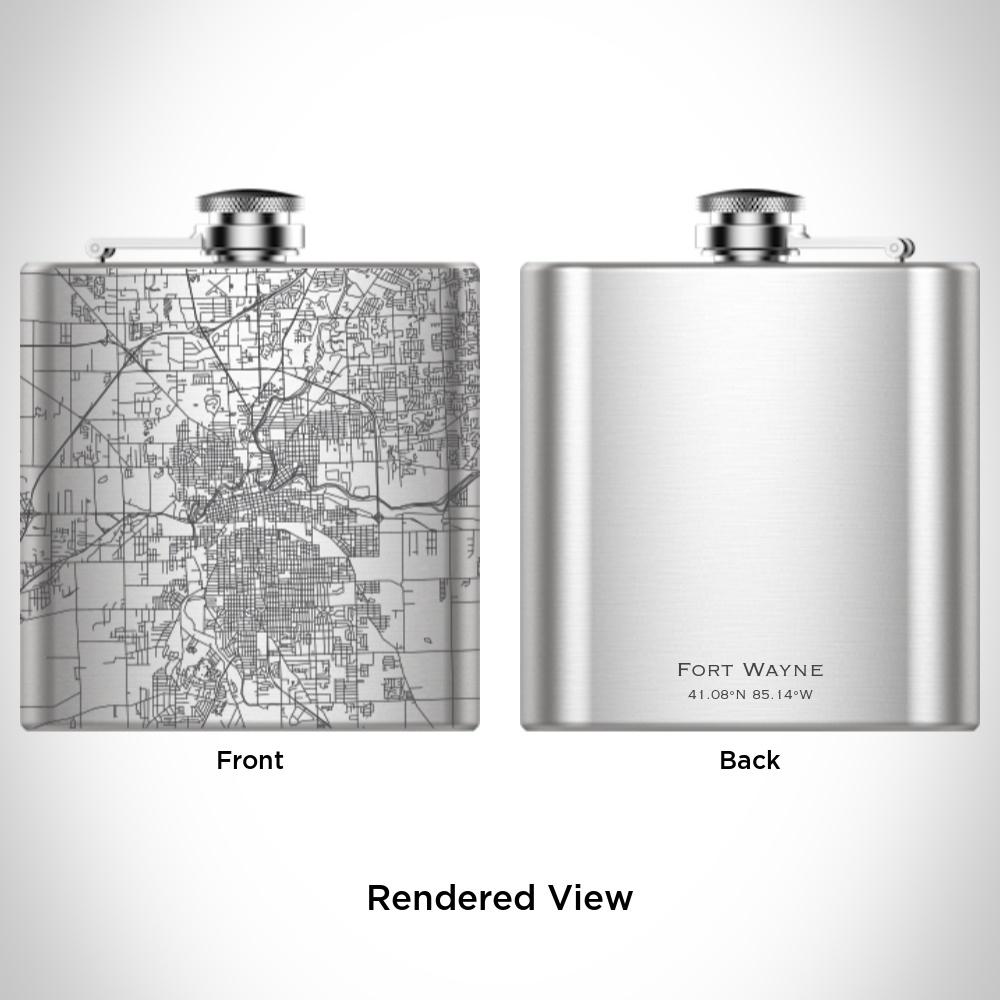 Custom engraved 6oz hip flask featuring a detailed map of Fort Wayne, Indiana, with coordinates, accompanied by a canvas bag and funnel.