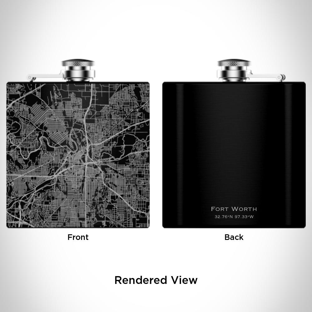 Matte black hip flask featuring a custom engraved map of Fort Worth, Texas, with coordinates, alongside a canvas bag and funnel.