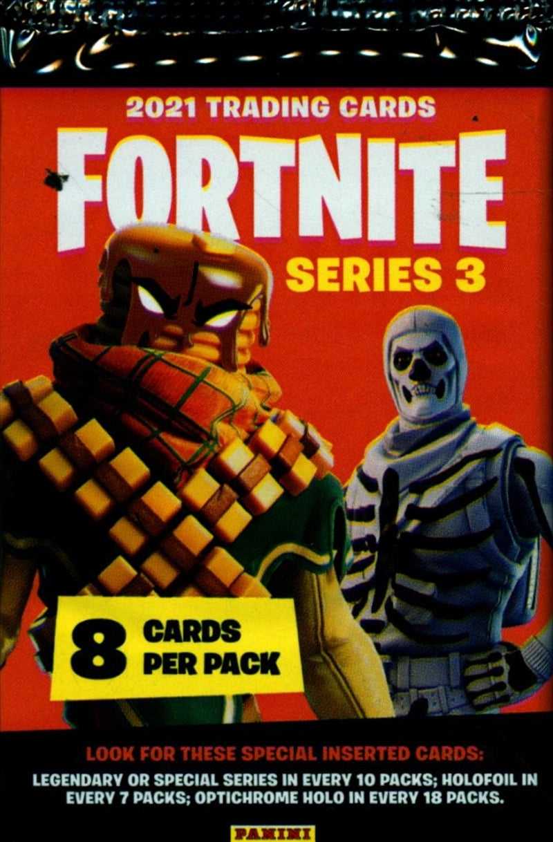 A pack of Fortnite 3 Trading Cards featuring colorful designs and popular characters from the game.