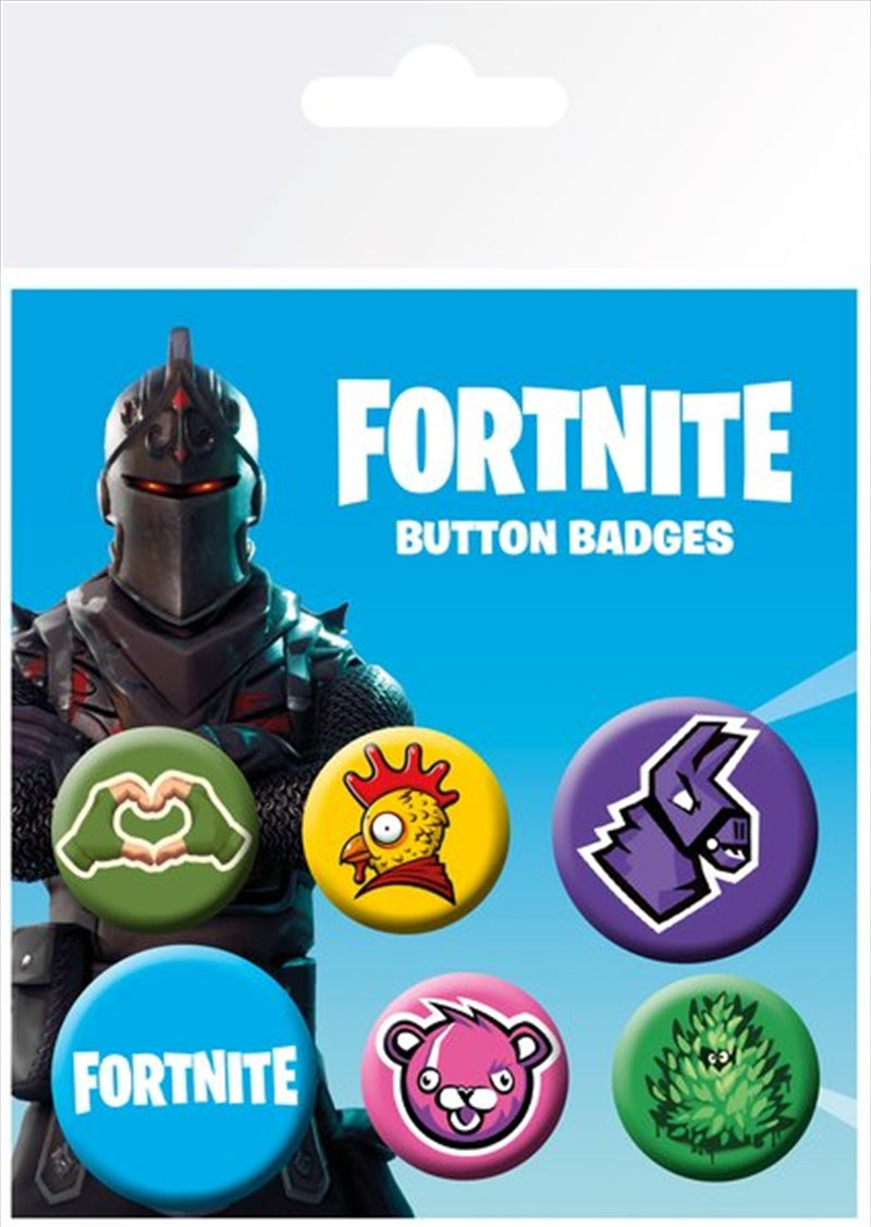 Fortnite Icons Badge Mix featuring 4 small 25mm badges and 2 larger 32mm badges, showcasing vibrant designs.