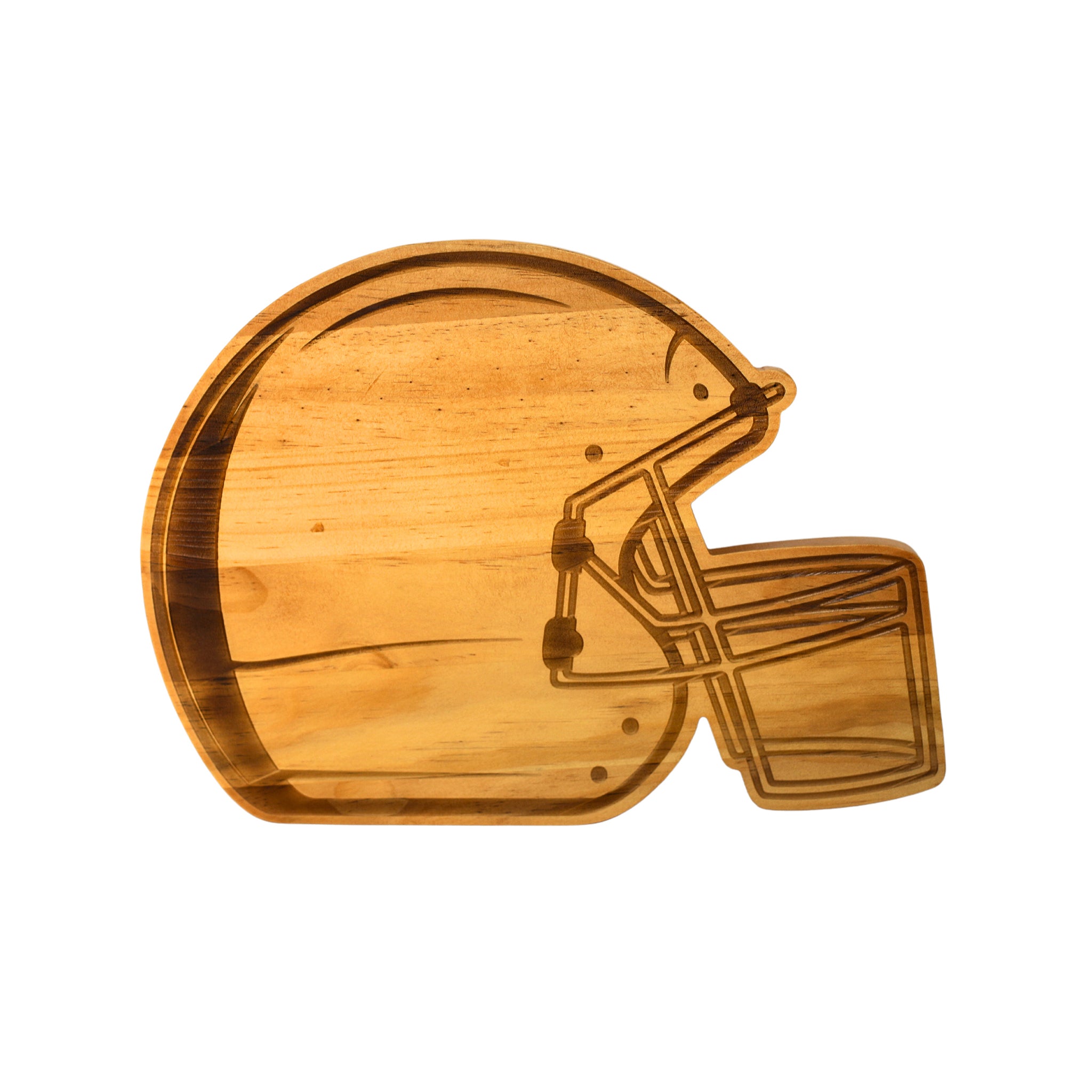 Football Helmet Wood Board measuring 11" x 15", crafted from high-quality bamboo, perfect for sports-themed parties and tailgating.