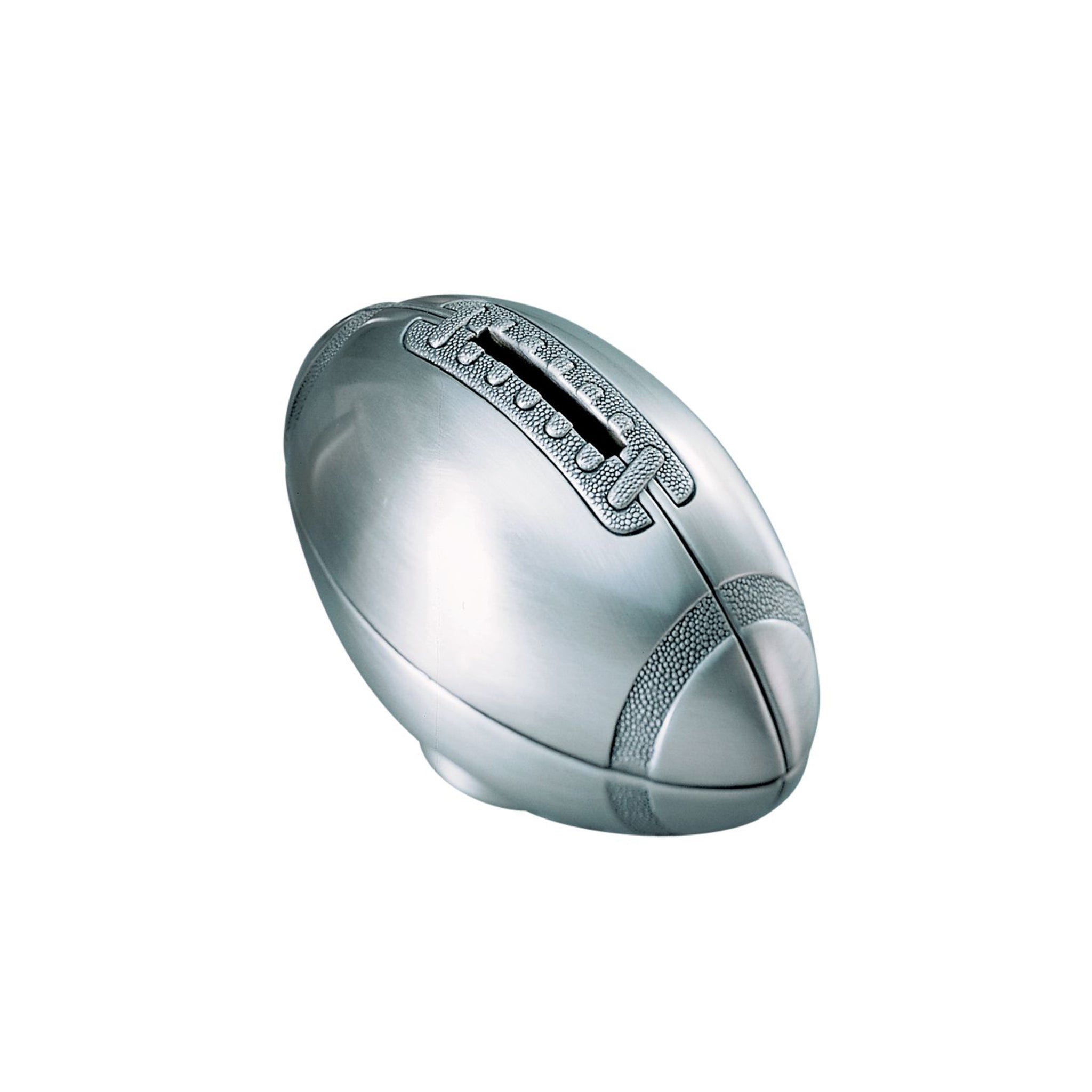 A stylish football-shaped bank made of brushed pewter, featuring a coin slot in the middle of the laces, perfect for saving coins.