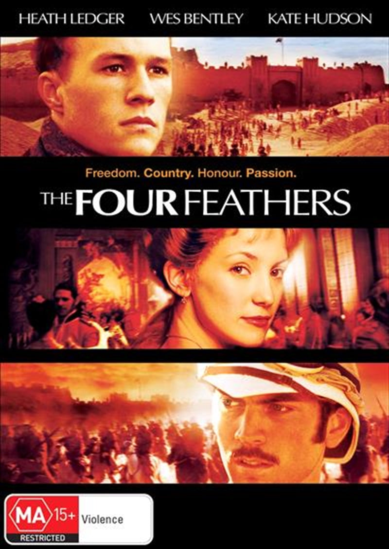 DVD cover of 'Four Feathers' featuring a dramatic scene from the film, showcasing the protagonist in a military uniform against a desert backdrop.