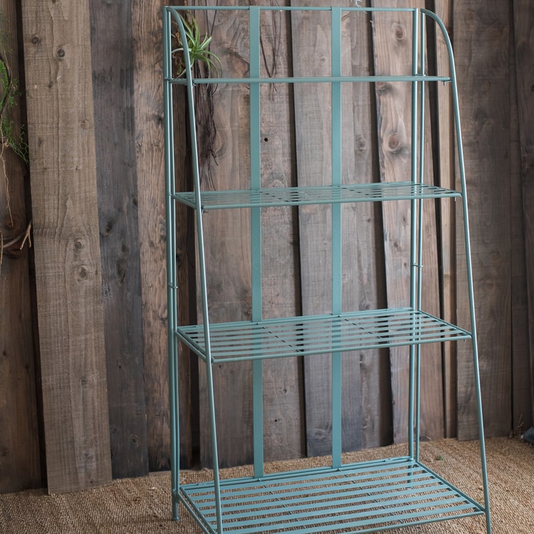 Four Tire Foldable Metal Shelf in green and blue, showcasing its stylish design and four-tier structure.