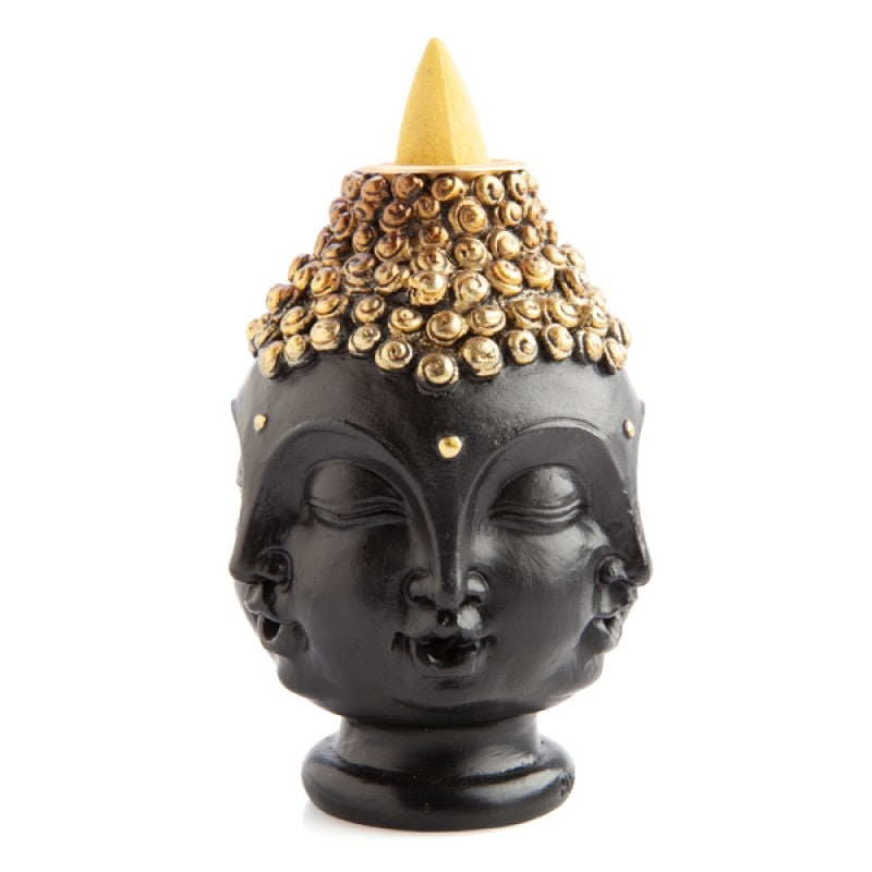 Four-faced Buddha Backflow Incense Burner in black and metallic gold, showcasing intricate details and a serene design.