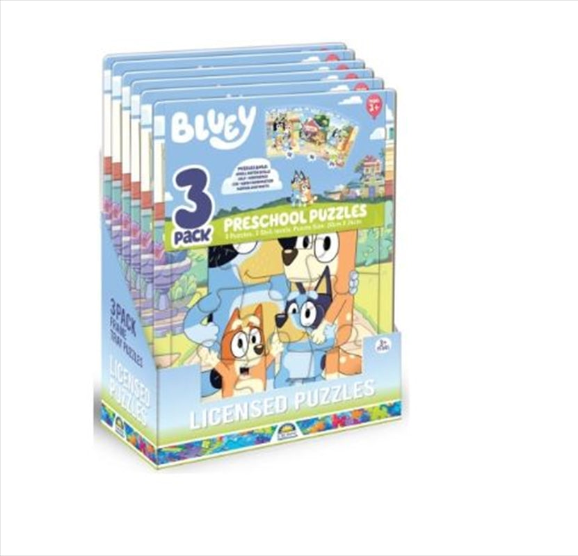 Three Bluey Frame Tray Puzzles featuring colorful scenes with Bluey and friends, designed for young children.