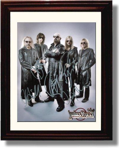 Framed 8x10 glossy print of Judas Priest featuring printed signatures, perfect for music fans and collectors.