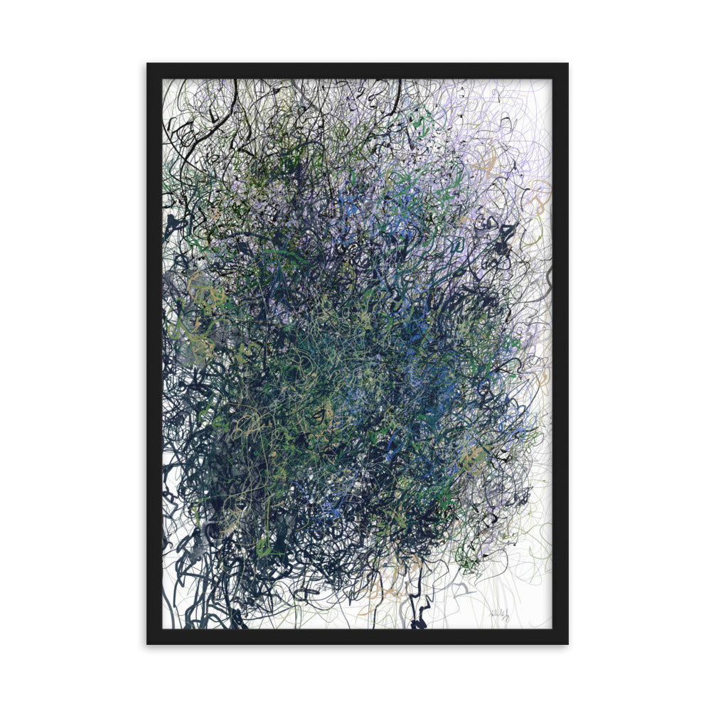 Framed limited edition poster by Anita Valrygg showcasing intricate nature-inspired art, available in black or oak frame.