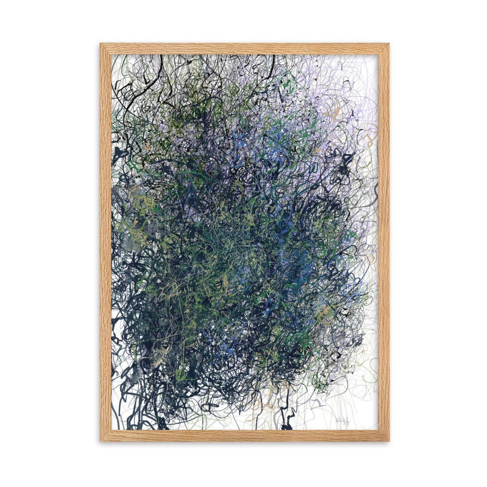 Framed limited edition poster by Anita Valrygg showcasing intricate nature-inspired art, available in black or oak frame.