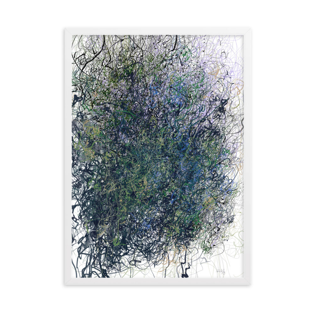 Framed limited edition poster by Anita Valrygg showcasing intricate nature-inspired art, available in black or oak frame.