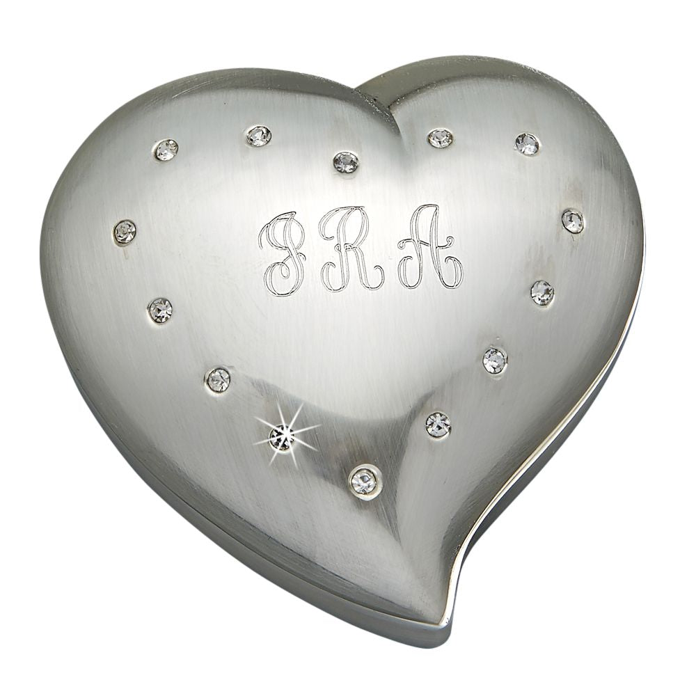 A beautiful free-form heart shaped box adorned with clear crystals, featuring a brushed finish and dark blue flocked lining.