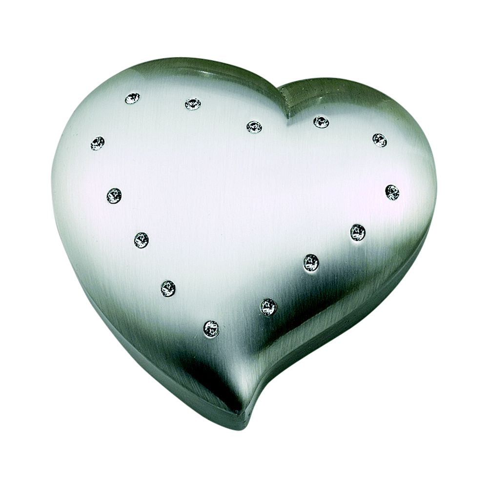 A beautiful free-form heart shaped box adorned with clear crystals, featuring a brushed finish and dark blue flocked lining.