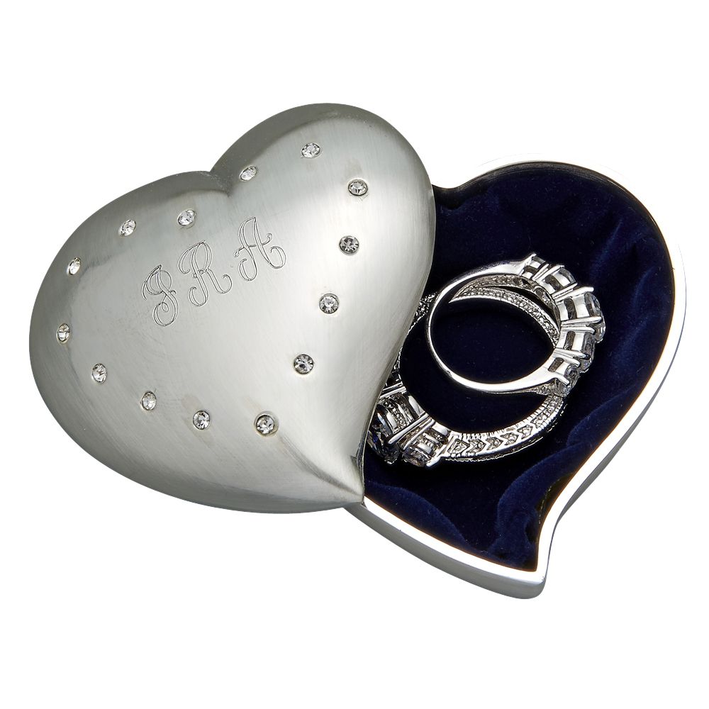 A beautiful free-form heart shaped box adorned with clear crystals, featuring a brushed finish and dark blue flocked lining.