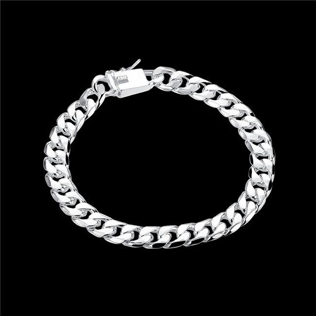 Elegant 8MM square buckle side brace 925 silver bracelet displayed on a soft surface, showcasing its shiny silver finish and unique design.