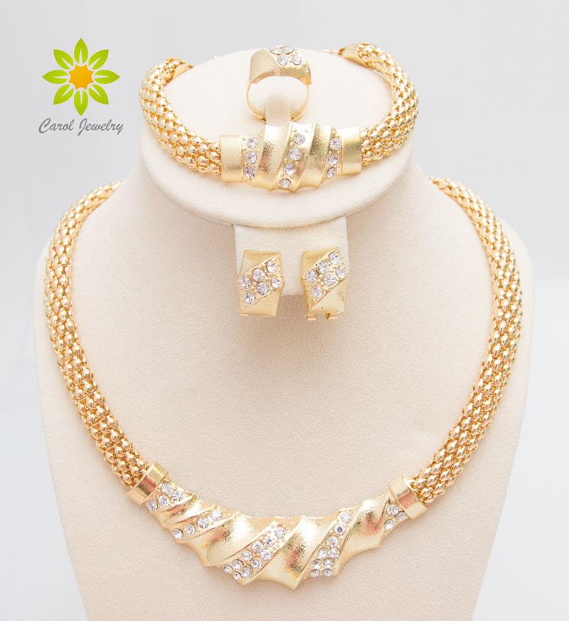 Elegant African Gold Plated Charming Fashion Romantic Bridal jewelry set featuring crystals and an adjustable ring, perfect for weddings.