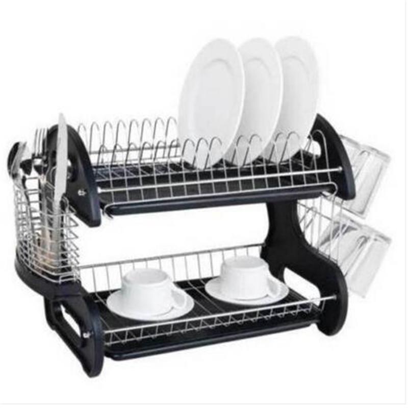 Multifunctional dual layers dish drainer in black and silver, showcasing bowls, dishes, and chopsticks organized neatly.