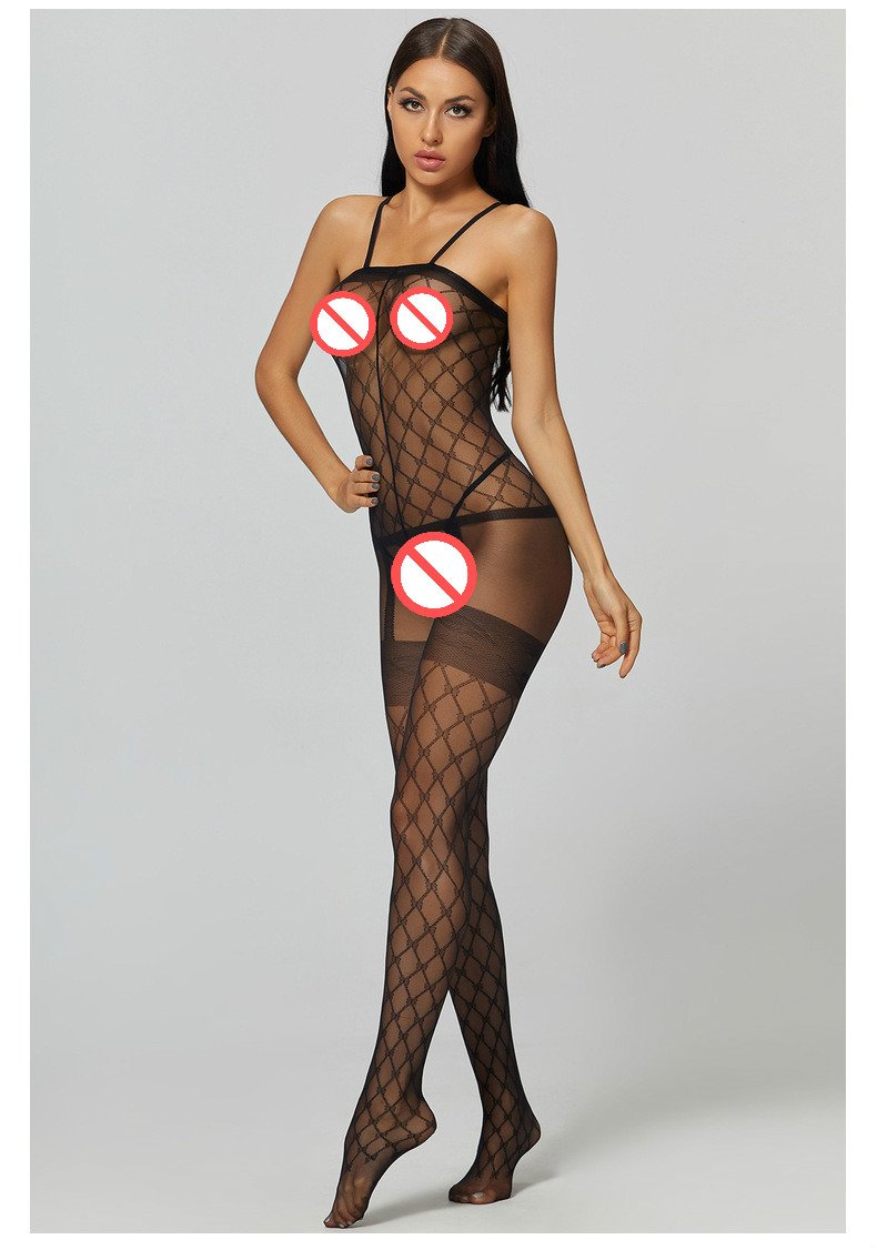 A seductive fishnet bodysuit featuring thigh-high stockings, designed for a sexy and alluring look, made from breathable elastic fabric.