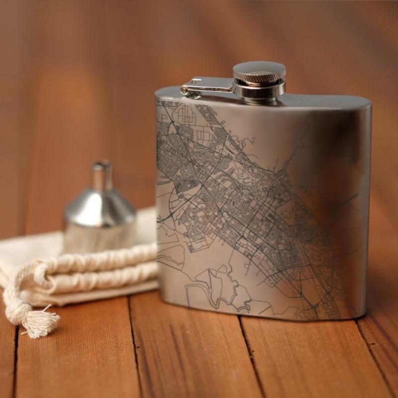 Fremont California map hip flask with custom engraving, canvas bag, and funnel.