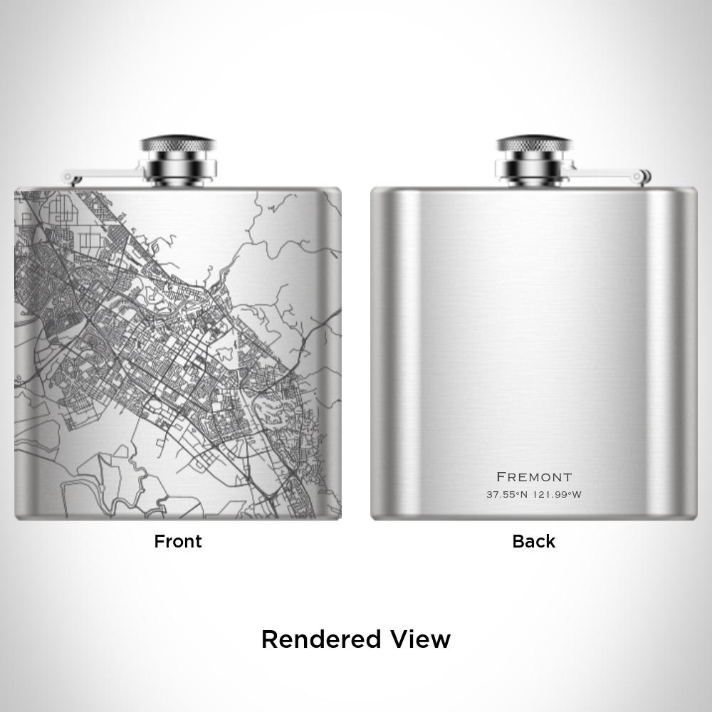 Fremont California map hip flask with custom engraving, canvas bag, and funnel.