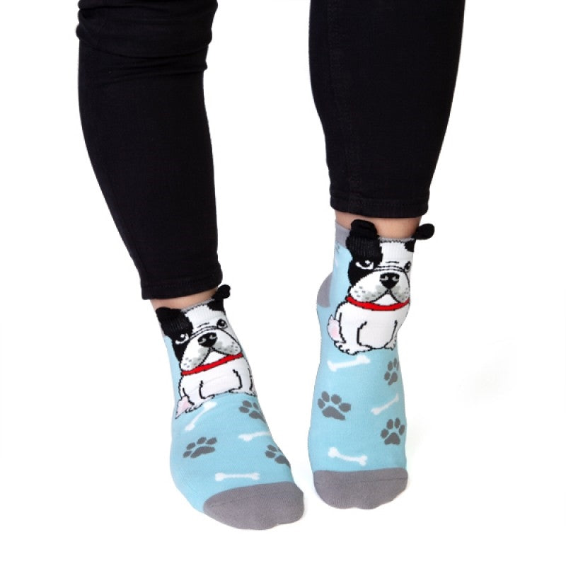 Blue and grey French Bulldog socks featuring a cute Frenchie design and 'RUFF DAY' text on the bottom.