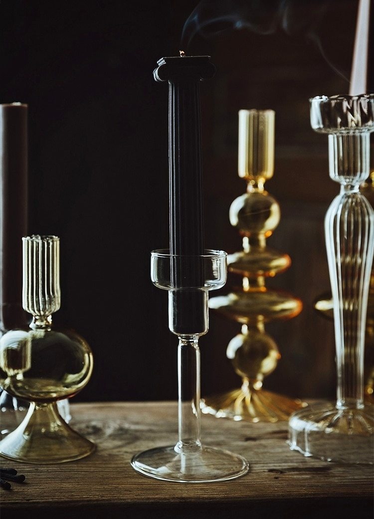 Elegant glass French candle holder set designed for drip-less candles, enhancing interior decor.