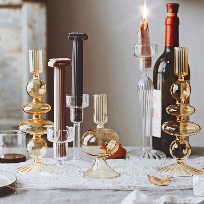 Elegant glass French candle holder set designed for drip-less candles, enhancing interior decor.