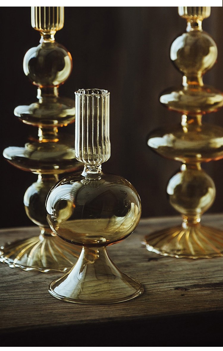 Elegant glass French candle holder set designed for drip-less candles, enhancing interior decor.