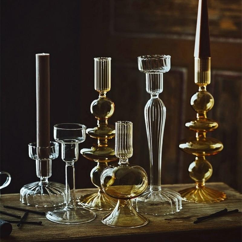 Elegant glass French candle holder set designed for drip-less candles, enhancing interior decor.