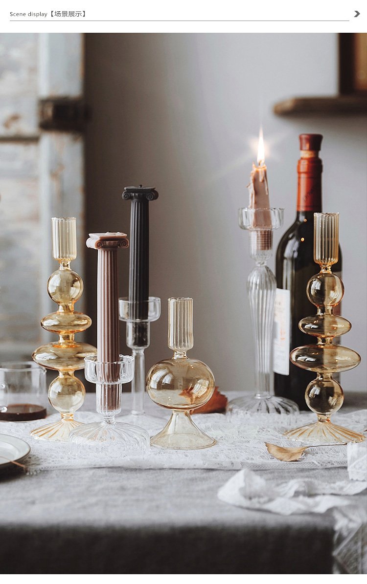 Elegant glass French candle holder set designed for drip-less candles, enhancing interior decor.