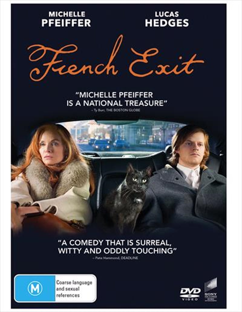 French Exit DVD cover featuring Michelle Pfeiffer and Lucas Hedges, showcasing a whimsical Parisian backdrop.