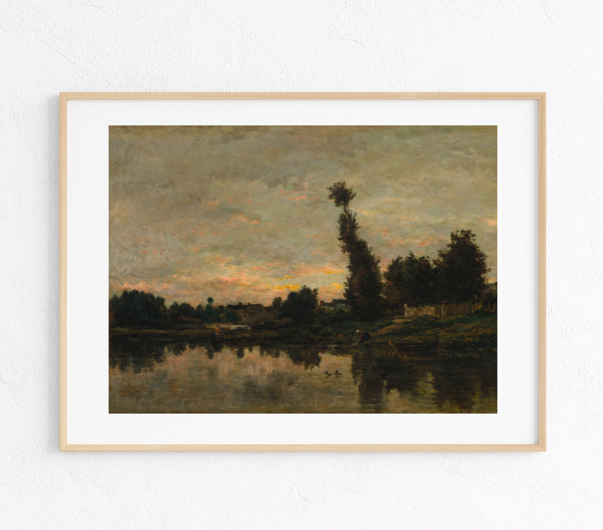 A vibrant canvas art print depicting a sunset over the River Oise, showcasing rich colors and textures.