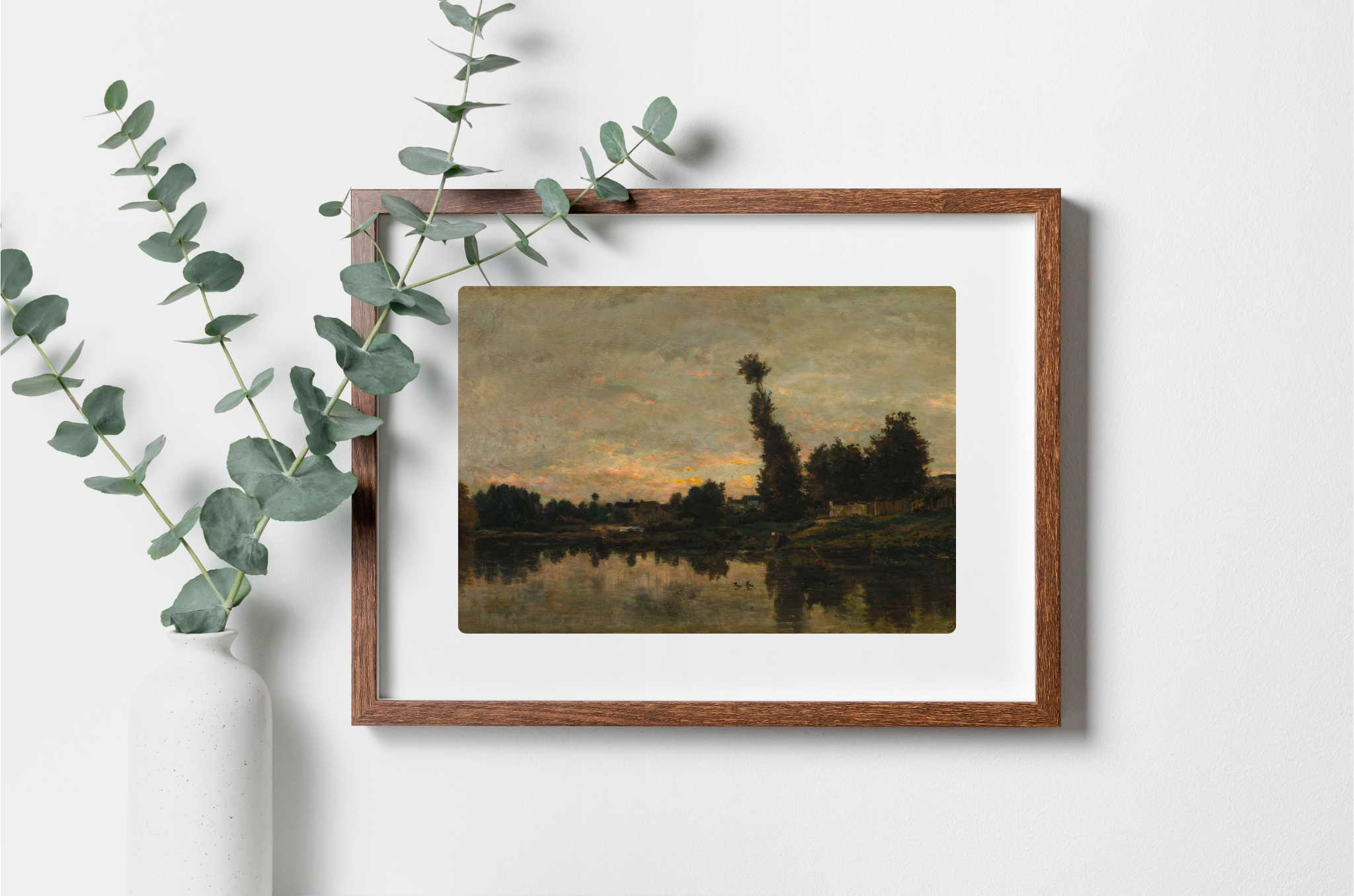 A vibrant canvas art print depicting a sunset over the River Oise, showcasing rich colors and textures.