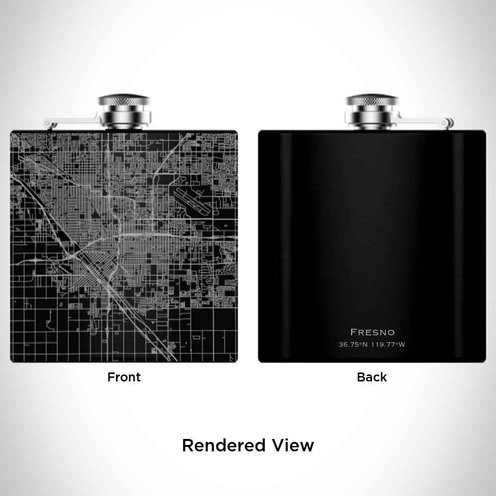 Matte black hip flask featuring a custom engraved map of Fresno, California with coordinates, accompanied by a canvas bag and funnel.