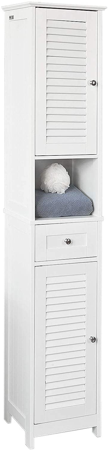 Freestanding Tall Bathroom Cabinet in white with two shutter doors and a drawer, showcasing adjustable shelves inside.