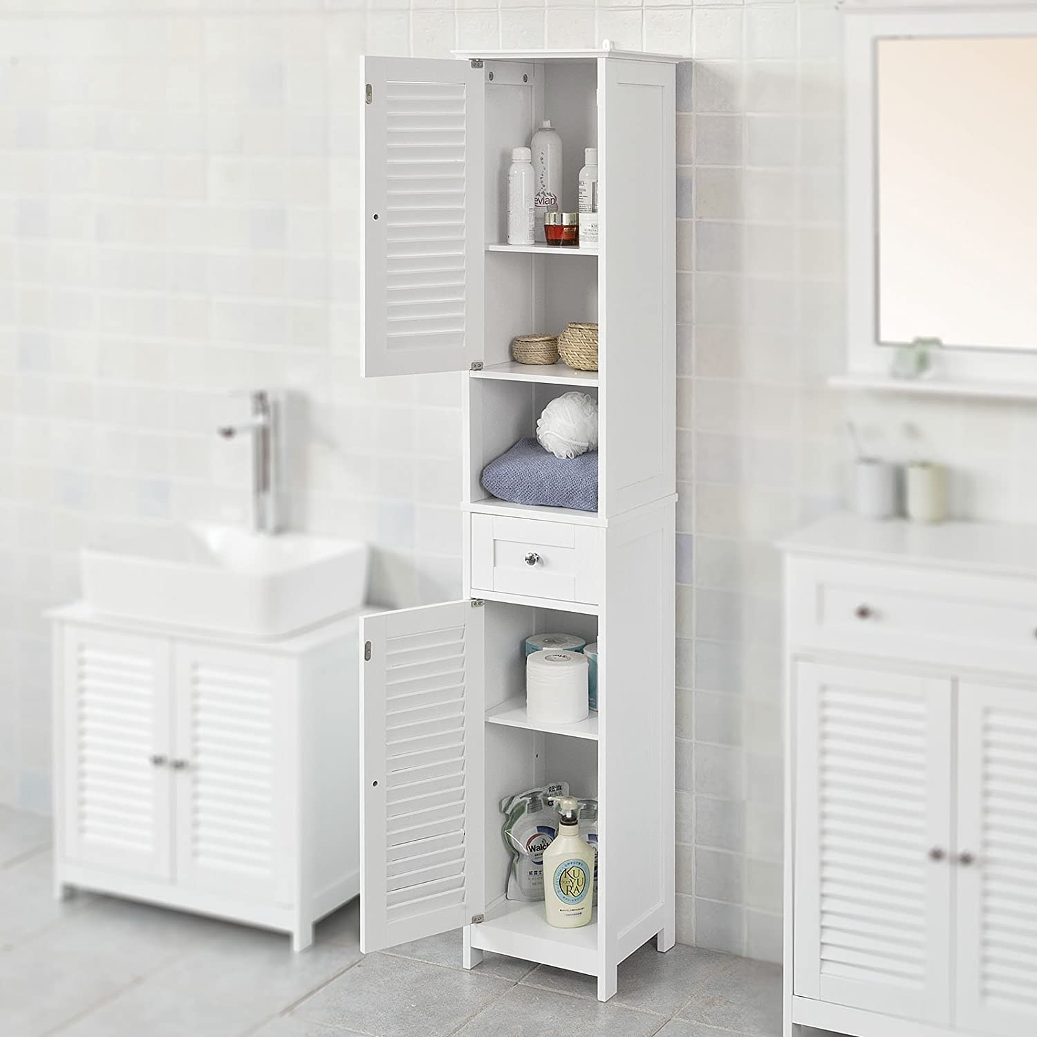 Freestanding Tall Bathroom Cabinet in white with two shutter doors and a drawer, showcasing adjustable shelves inside.