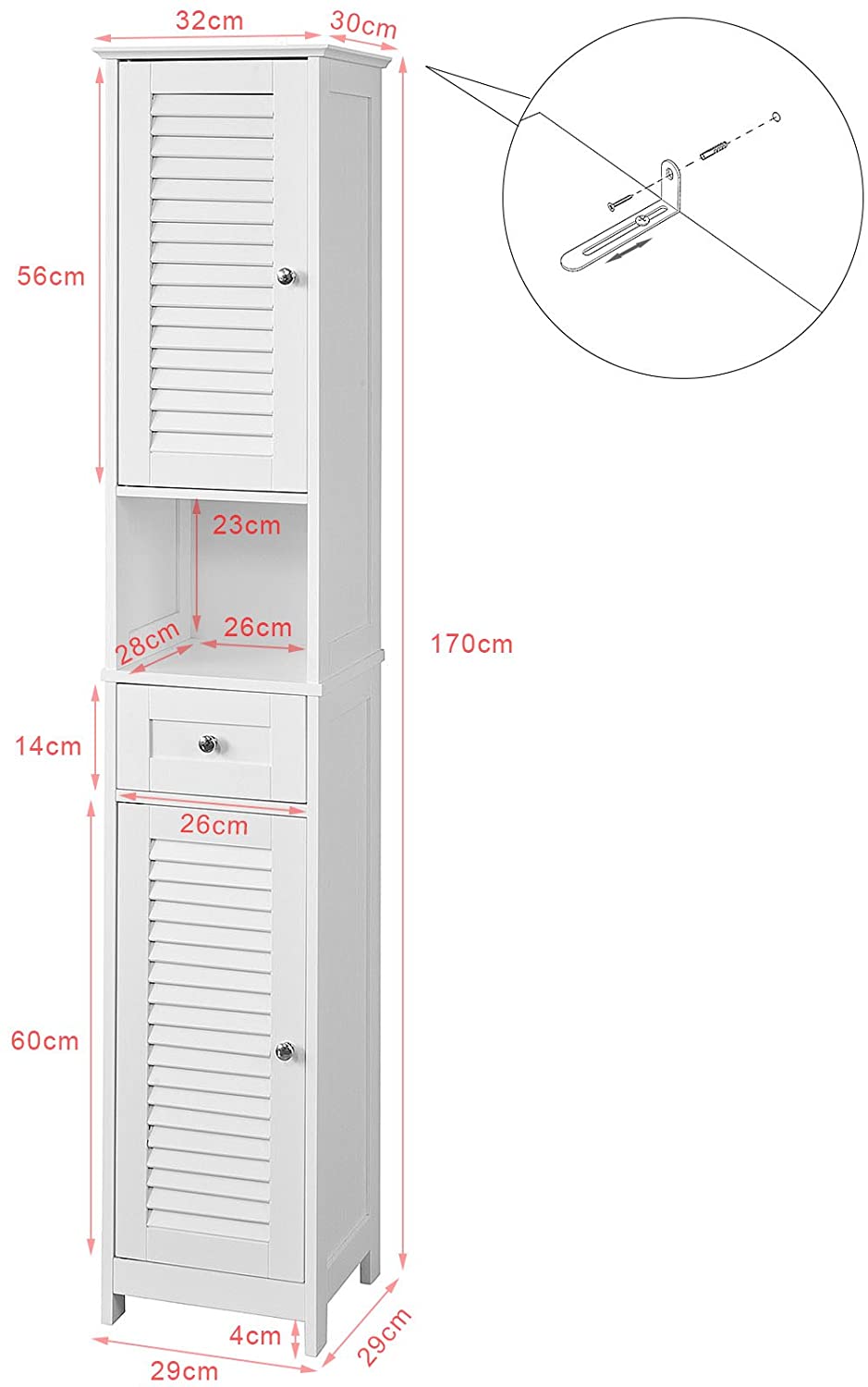 Freestanding Tall Bathroom Cabinet in white with two shutter doors and a drawer, showcasing adjustable shelves inside.